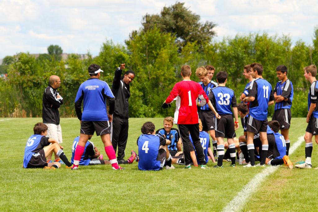 coach players soccer huddle