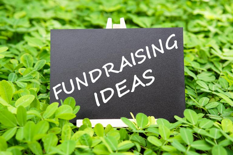 "FUNDRAISING IDEAS" word written on blackboard with green grass background.