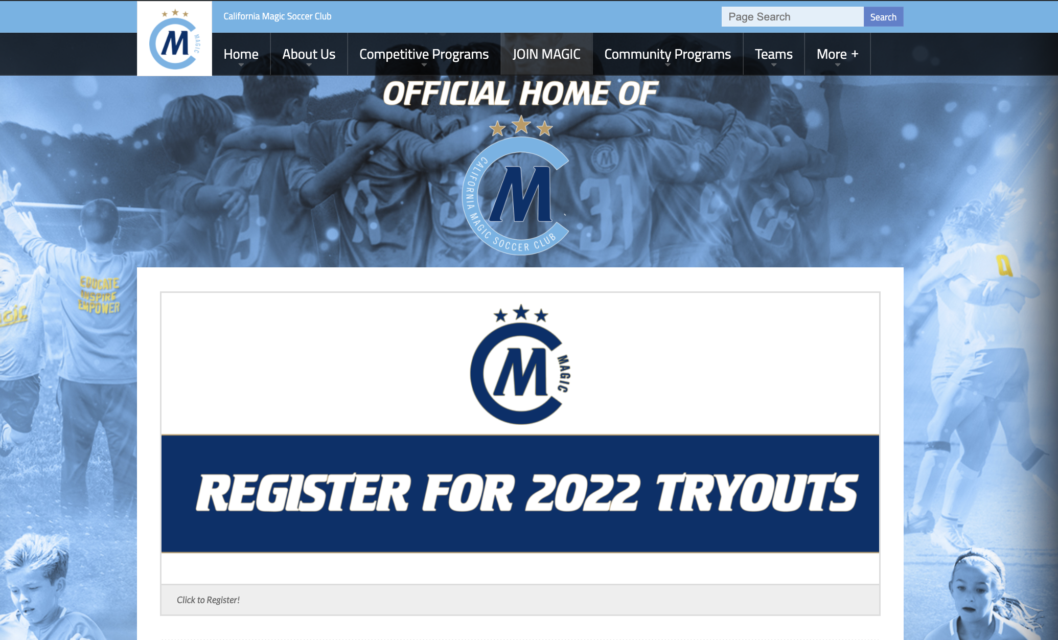 Screenshot of the registration page for California Magic Soccer Club