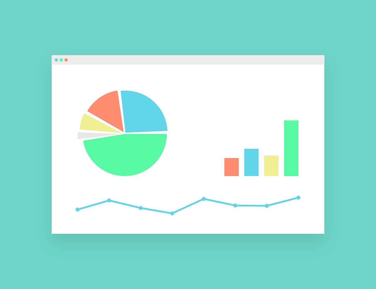 Chart illustration with pie chart, line graph, bar graph.